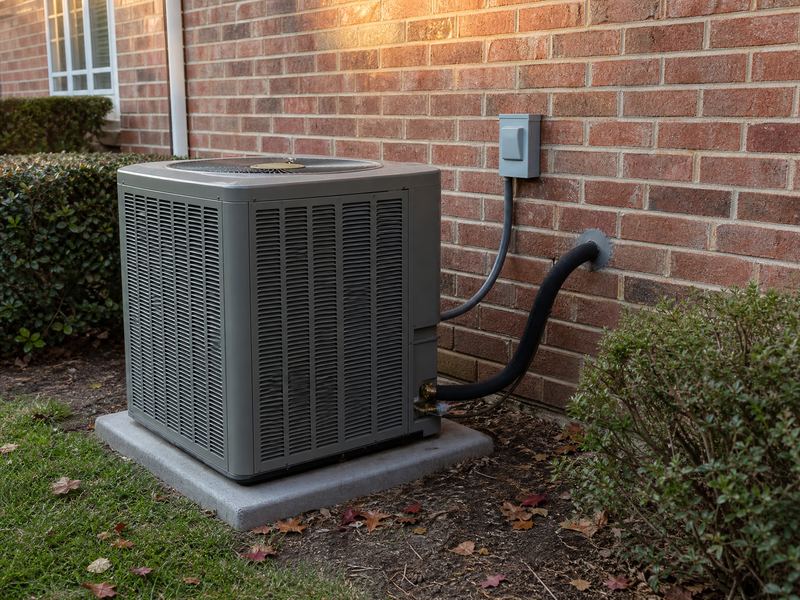 A new central air conditioner condenser beside a red-brick house