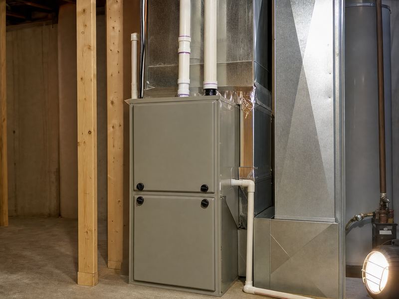 A newly installed high-efficiency gas furnace with white PVC vent pipes in a basement