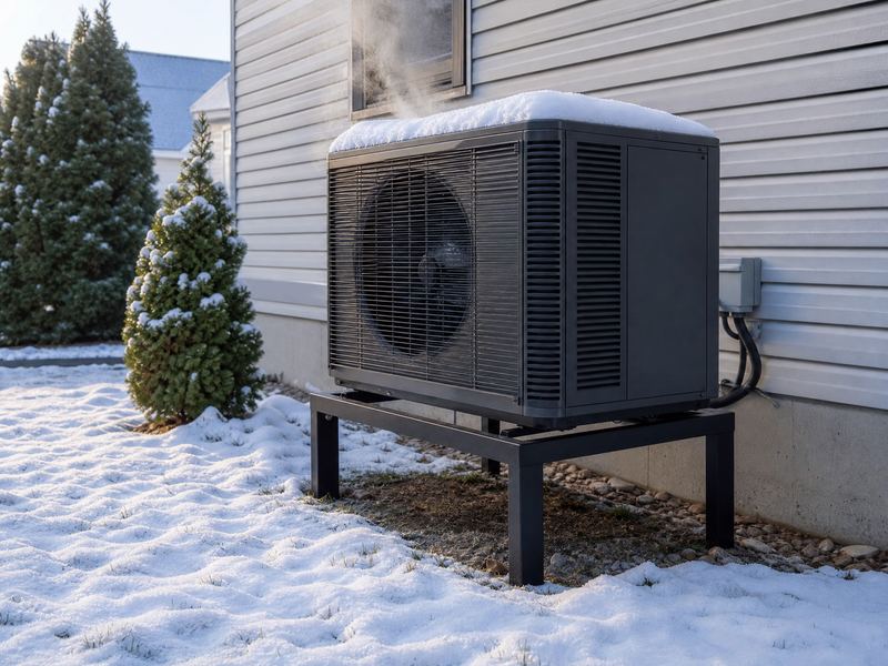 A heat pump outdoor unit on a stand beside a house after the first snow