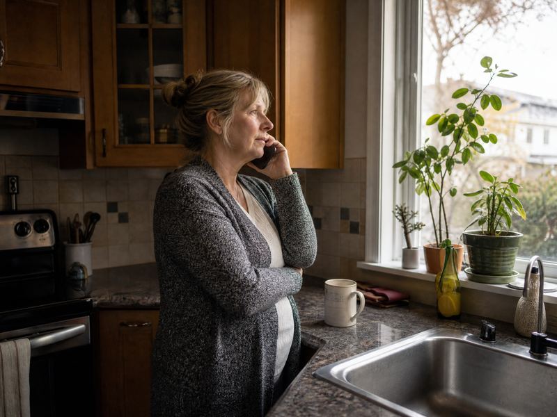 A woman on the phone in her kitchen, looking out the window