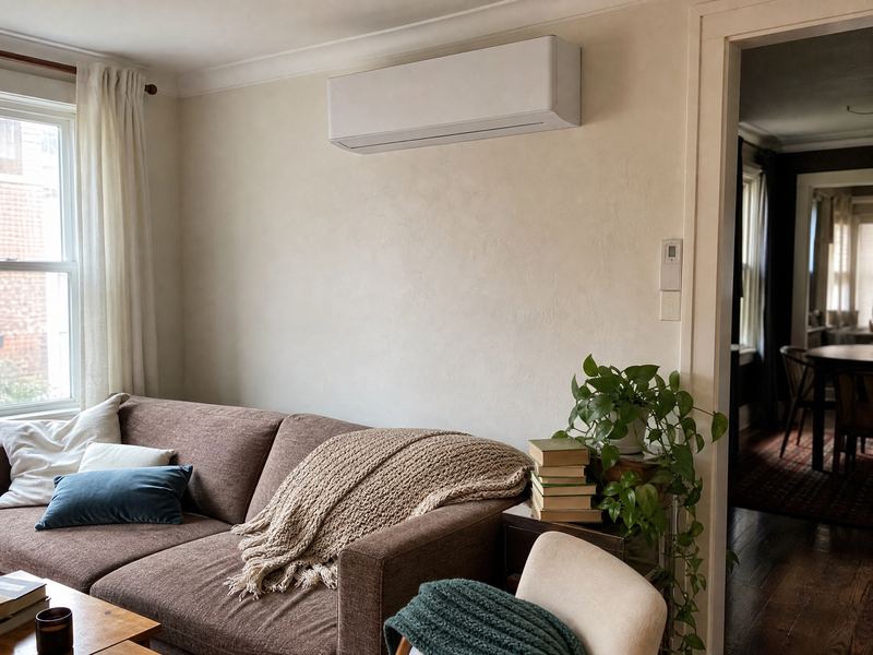 A ductless mini-split unit above a sofa in a living room