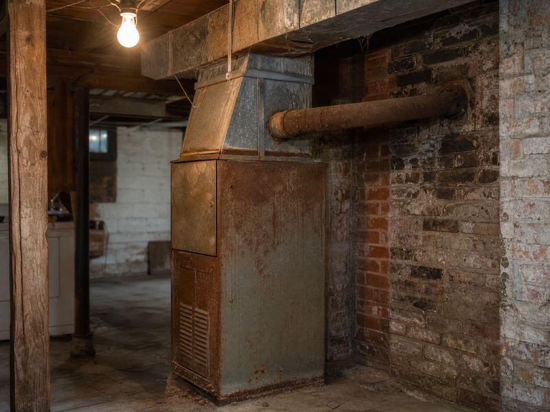 An old rust-stained gas furnace in a dim basement