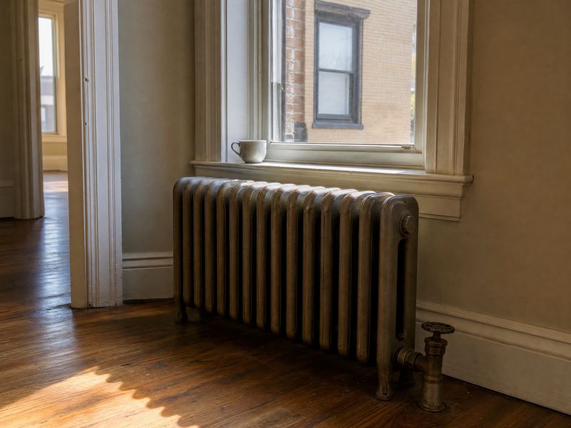 A cast-iron radiator under a window in an older apartment