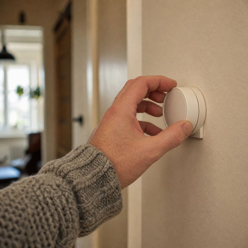 A hand in a knit sweater turning a round wall thermostat